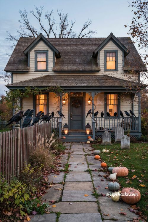 Outdoor Halloween decor front yards raven display ideas