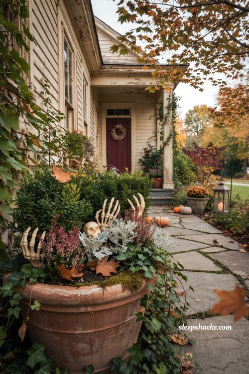 Outdoor Halloween decor front yards skeleton hands planter ideas