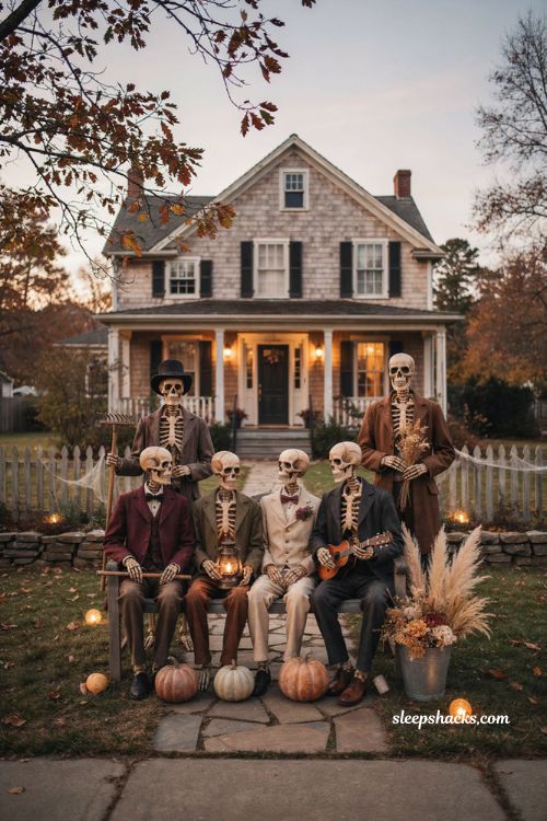 Outdoor Halloween decor front yards vintage skeleton family ideas