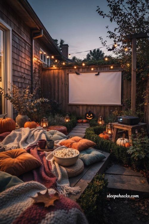 Outdoor Halloween movie night ideas with blankets and popcorn