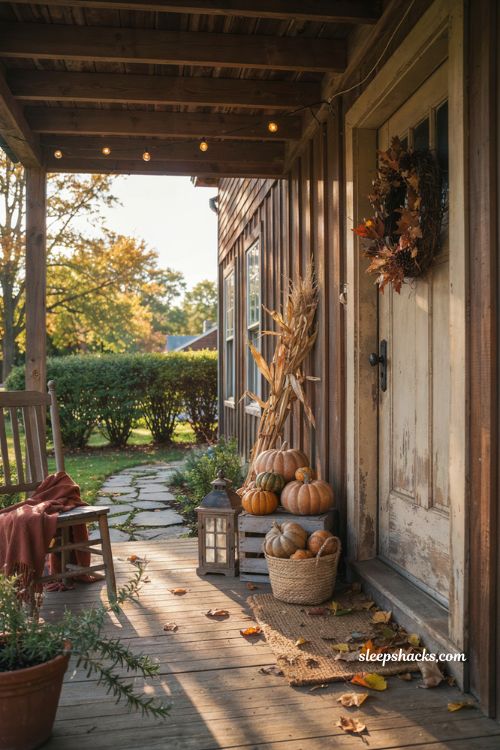 Outside fall decor with pumpkins gourds dried wheat rustic porch basket lantern and cozy autumn entryway 