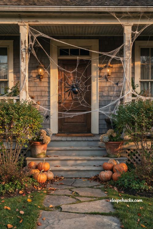 Oversized Halloween spider web display with giant spider porch railing pumpkins and autumn decor