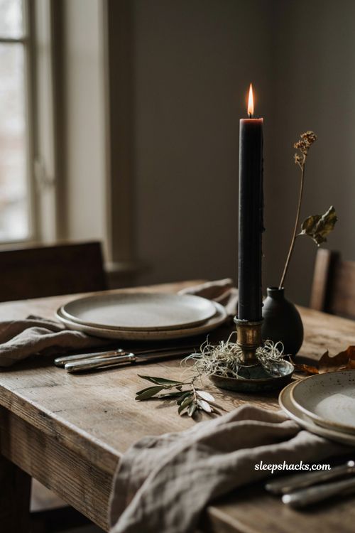 Oversized black pillar candle with Spanish moss in an aged candleholder for minimalist Halloween table decor
