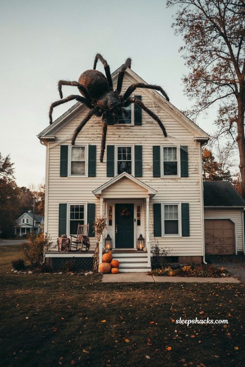 Oversized spider Halloween exterior decorations with giant black spider on house facade 