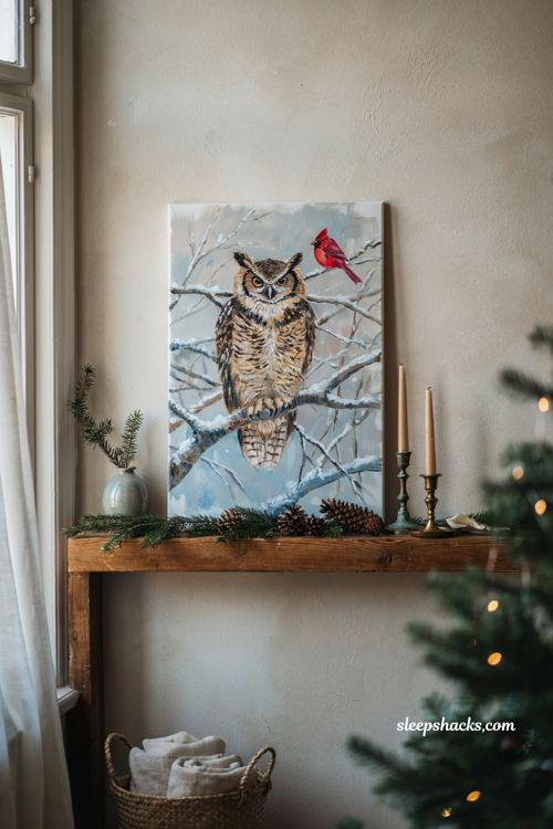 Owl Christmas painting on canvas with snowy branches and red cardinal