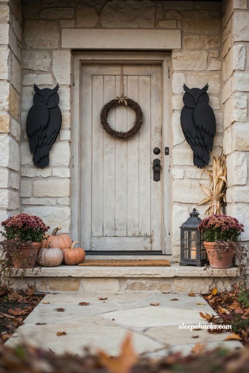 Owl guard silhouettes beside a farmhouse front door for Halloween decor