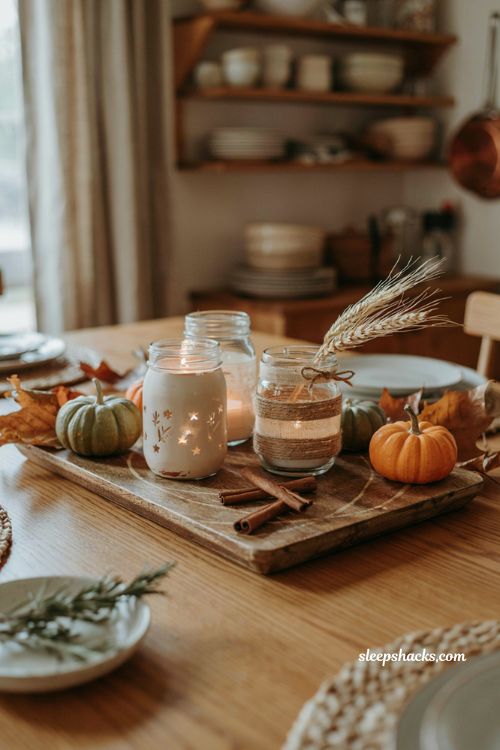 Painted autumn hue mason jar candles in rust mustard and forest green
