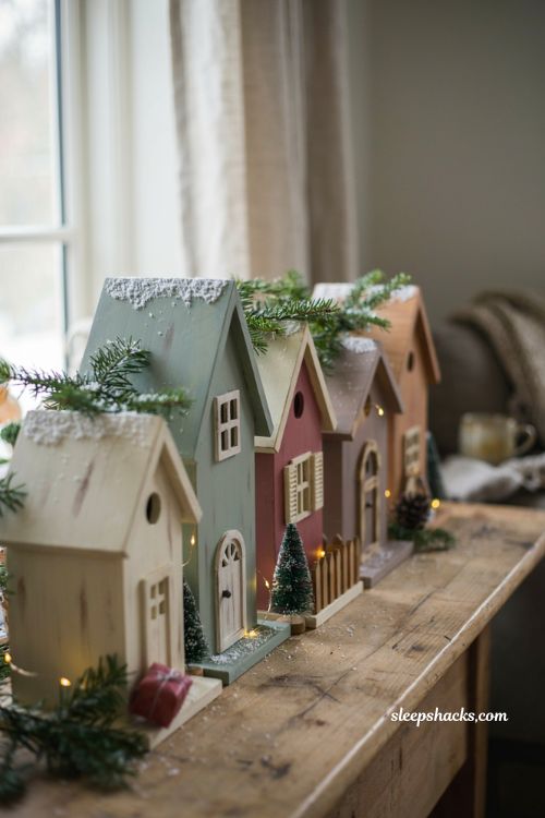 Painted birdhouse Christmas village DIY with snowy rooflines and cozy handmade wooden cottages 