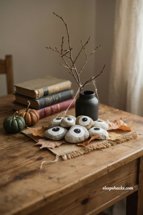 Painted eyeball rocks Halloween decor with cozy spooky side table