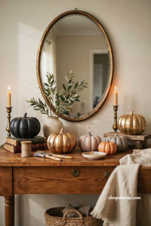 Painted faux pumpkins in black gold and pastel for cozy DIY Halloween decor