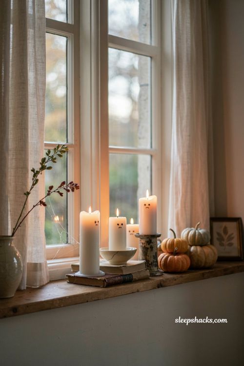Painted ghost candles Halloween mantel decor with cozy glowing autumn style
