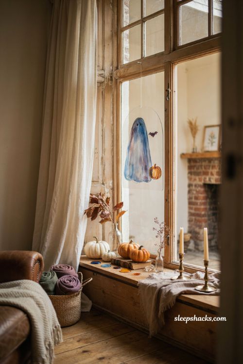 Painted glass Halloween suncatcher with jewel tones for cozy window decor