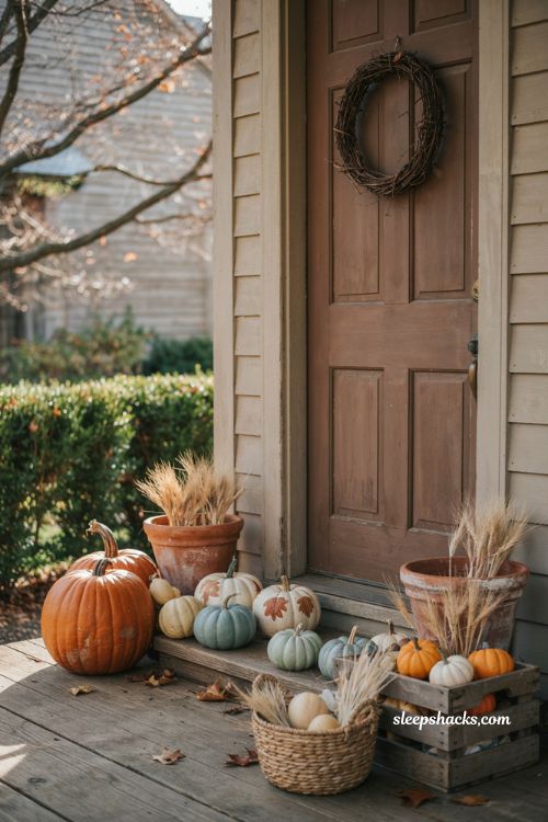 Painted pumpkin fall porch decor with cream sage green dusty blue and natural orange pumpkins rustic entryway 