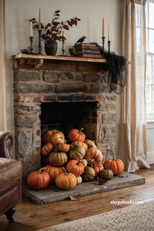 Painted pumpkins spilling from the fireplace for cozy Halloween mantel decor