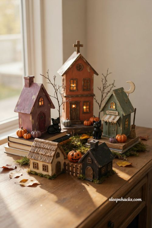 Painted wood Halloween village houses with handmade haunted cottage decor 