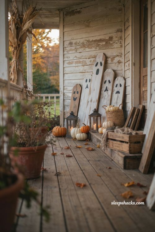Painted wood plank ghosts for cozy rustic DIY Halloween porch decor