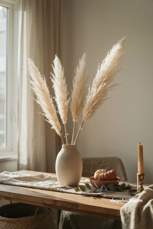 Pampas grass in ceramic vase boho fall decor with natural textures neutral living room