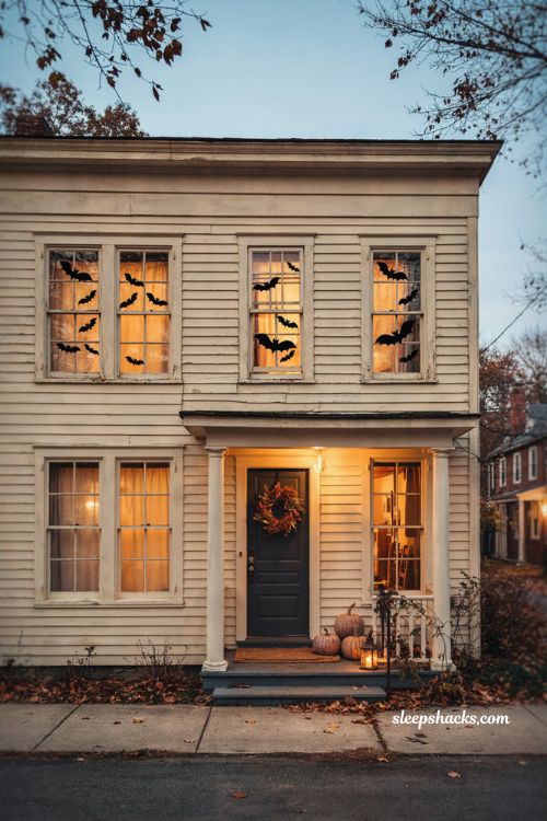 Paper bat Halloween exterior decorations with black window silhouettes, warm lights, and autumn wreath 