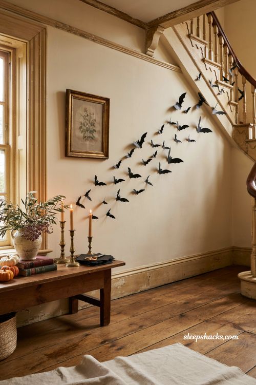 Paper bat cutouts flying across a cozy Halloween stairwell wall