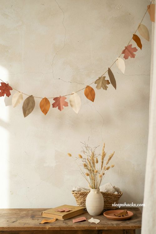 Paper leaf fall garland on twine for simple autumn decor