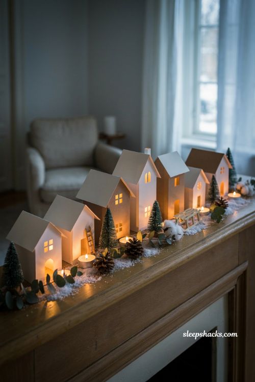 Paper luminary Christmas village houses DIY with glowing cardstock windows on a cozy mantel 