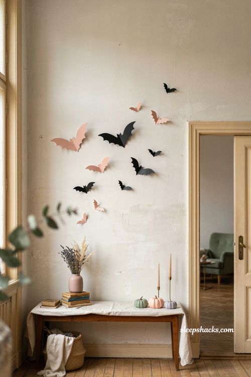Pastel Halloween bat wall decor with pink black decals and cozy entryway