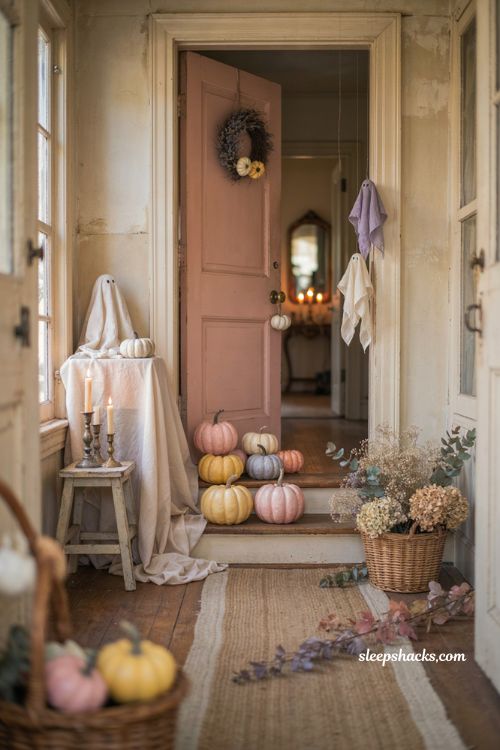 Pastel Halloween decor with blush pink pumpkins lavender ghosts and cozy entryway