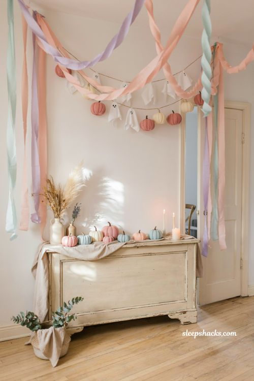 Pastel Halloween garland and streamers with pink lavender mint party decor