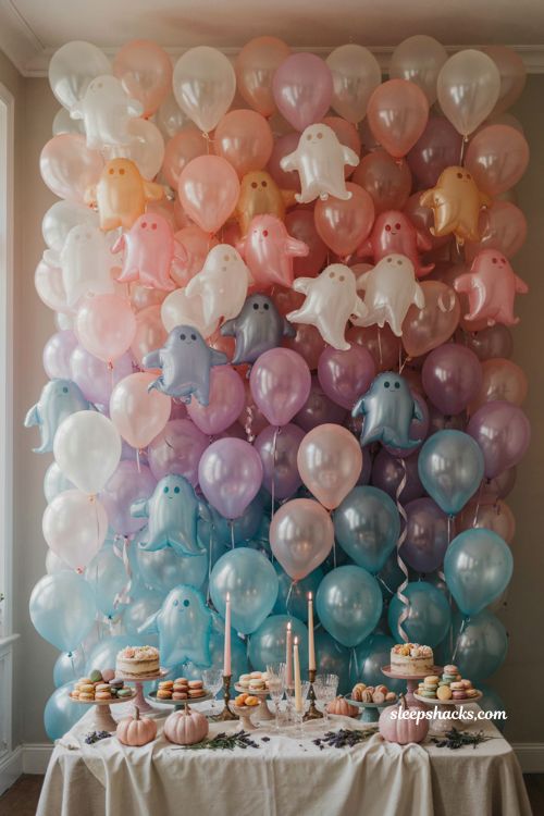 Pastel Halloween ghost balloon backdrop with blush pink rose and lavender ombre 
