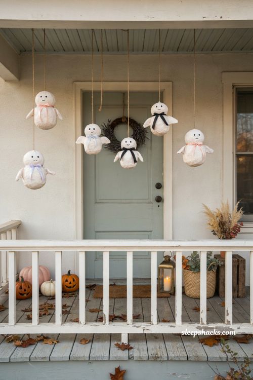 Pastel Halloween porch decor with paper mache ghosts pink ribbons and pumpkins