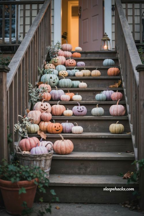 Pastel Halloween pumpkin staircase with pink lilac mint and carved pumpkins