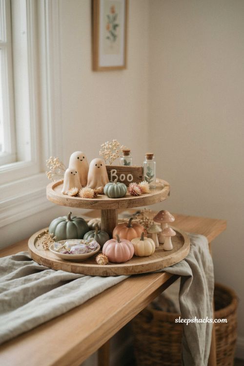 Pastel Halloween tiered tray decor with ghost figurines pumpkins and sage accents