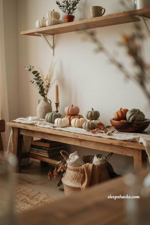 Pastel and neutral faux pumpkins in sage green blush and caramel boho fall decor