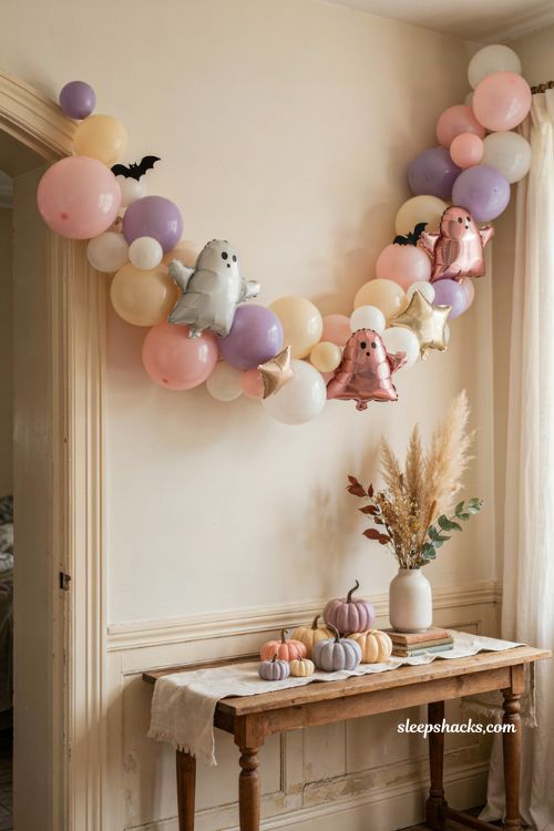 Pastel pink Halloween balloon garland with ghost balloons lavender stars and cozy kids party decor