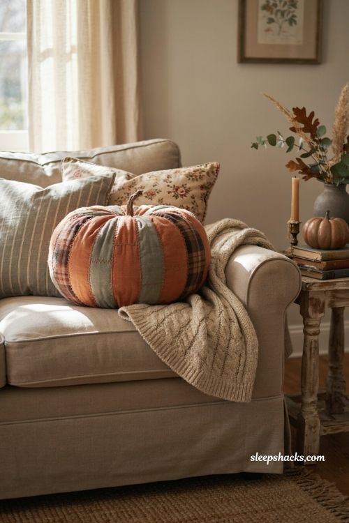 Patchwork pumpkin pillow with cozy farmhouse fall living room decor