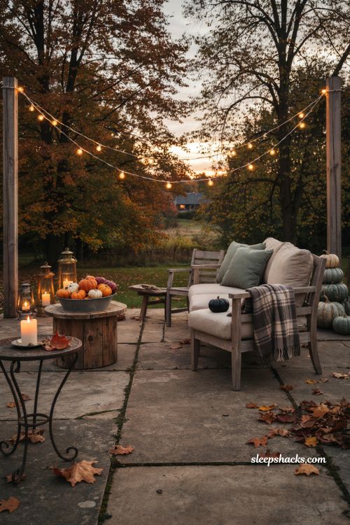 Patio halloween decorating ideas with pumpkins and string lights