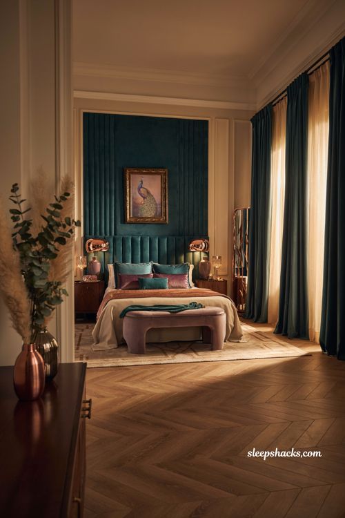 Peacock teal bedroom with copper accents and luxurious jewel tone decor