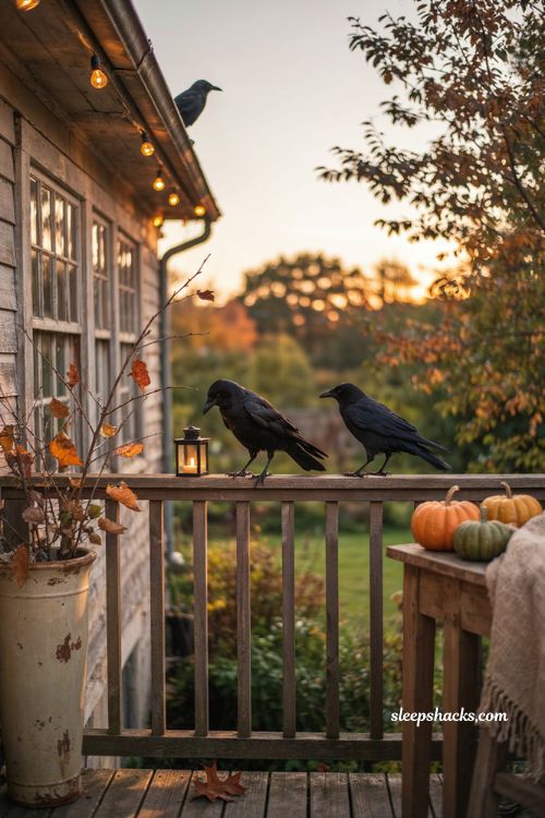 Perched crows along the railing for patio halloween decorating