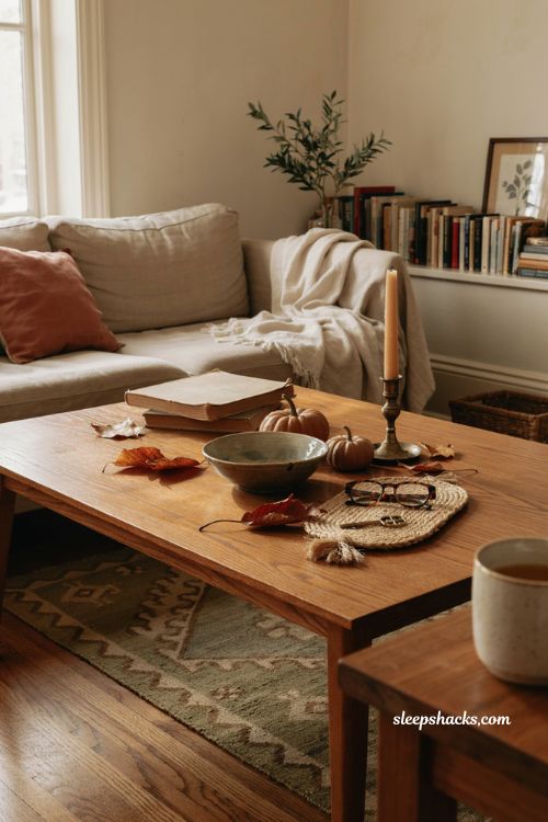 Personal fall coffee table decor with vintage books handmade pottery thrifted candlestick and autumn accents 