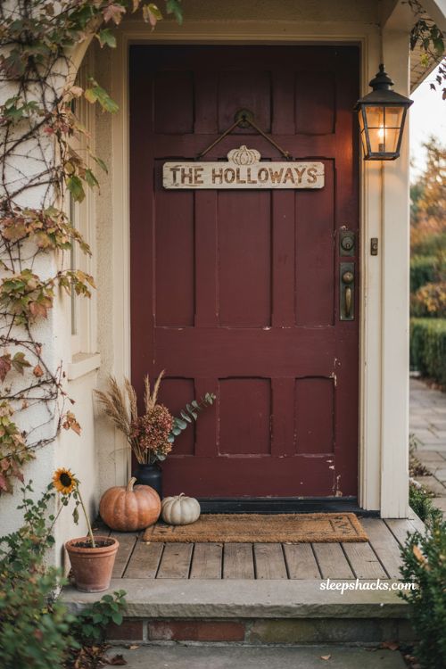 Personalized Halloween door hanger with family name monogram and rustic autumn front door decor