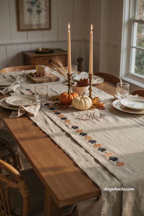 Personalized family name Halloween table runner with cozy farmhouse dining decor