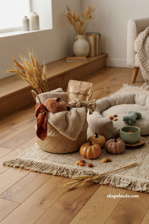 Pet boo basket ideas with cozy blanket treats toys and autumn gifts