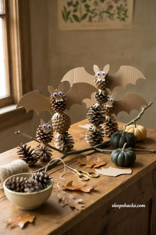 Pine cone bats made with cardboard wings for a rustic Halloween craft