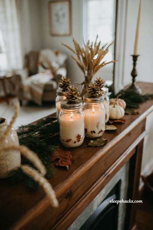 Pine cone topped mason jar candles with gilded fall mantel decor