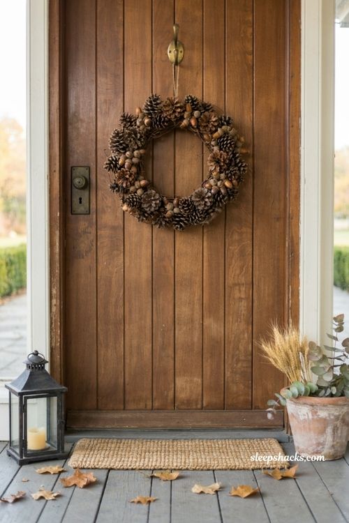 Pinecone and acorn wreath with natural woodland textures for vintage fall decor