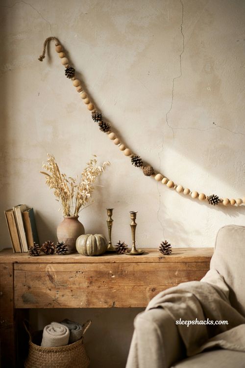 Pinecone and wooden bead fall garland for farmhouse mantel decor