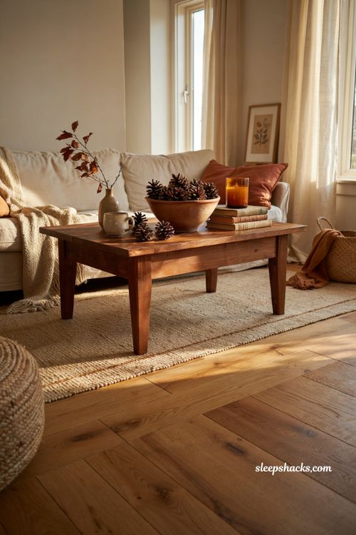 Pinecone bowl decor ideas for a cozy fall living room with natural autumn style