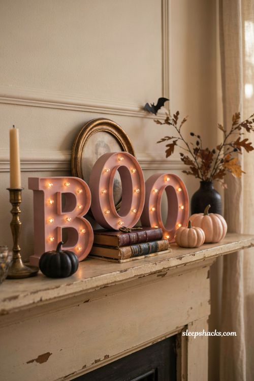 Pink BOO marquee letters for a cozy Halloween mantel display