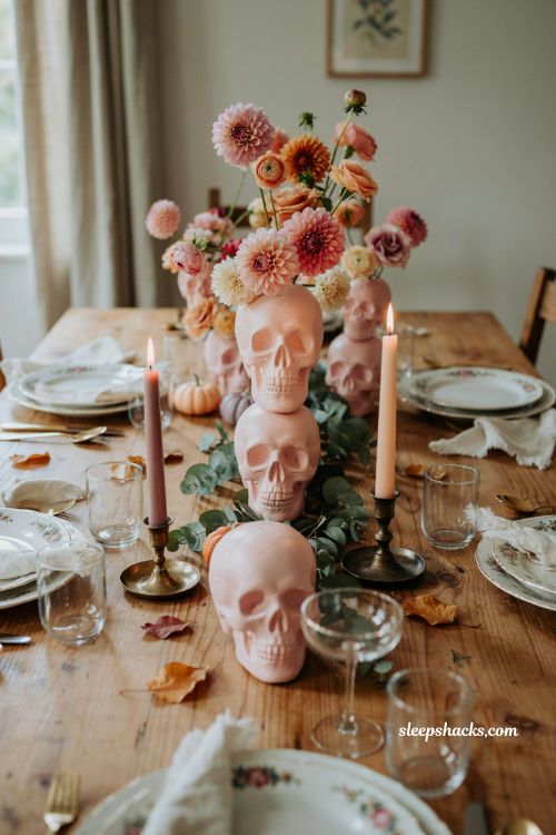 Pink Halloween skull vase centerpiece with dahlias garden roses and pastel table decor
