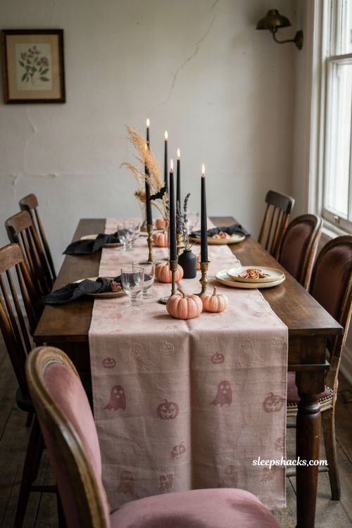Pink Halloween table runner with black candles for a cozy dining table